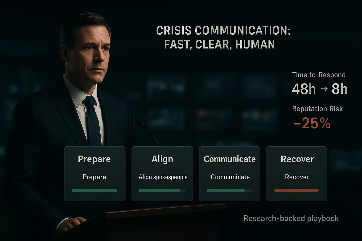 The Unseen Edge: Mastering Executive Presence, Influence & High-Impact Communication 3 A practical crisis timeline: four phases with readiness bars and clear metrics show how fast, clear, and human communication reduces reputational risk.