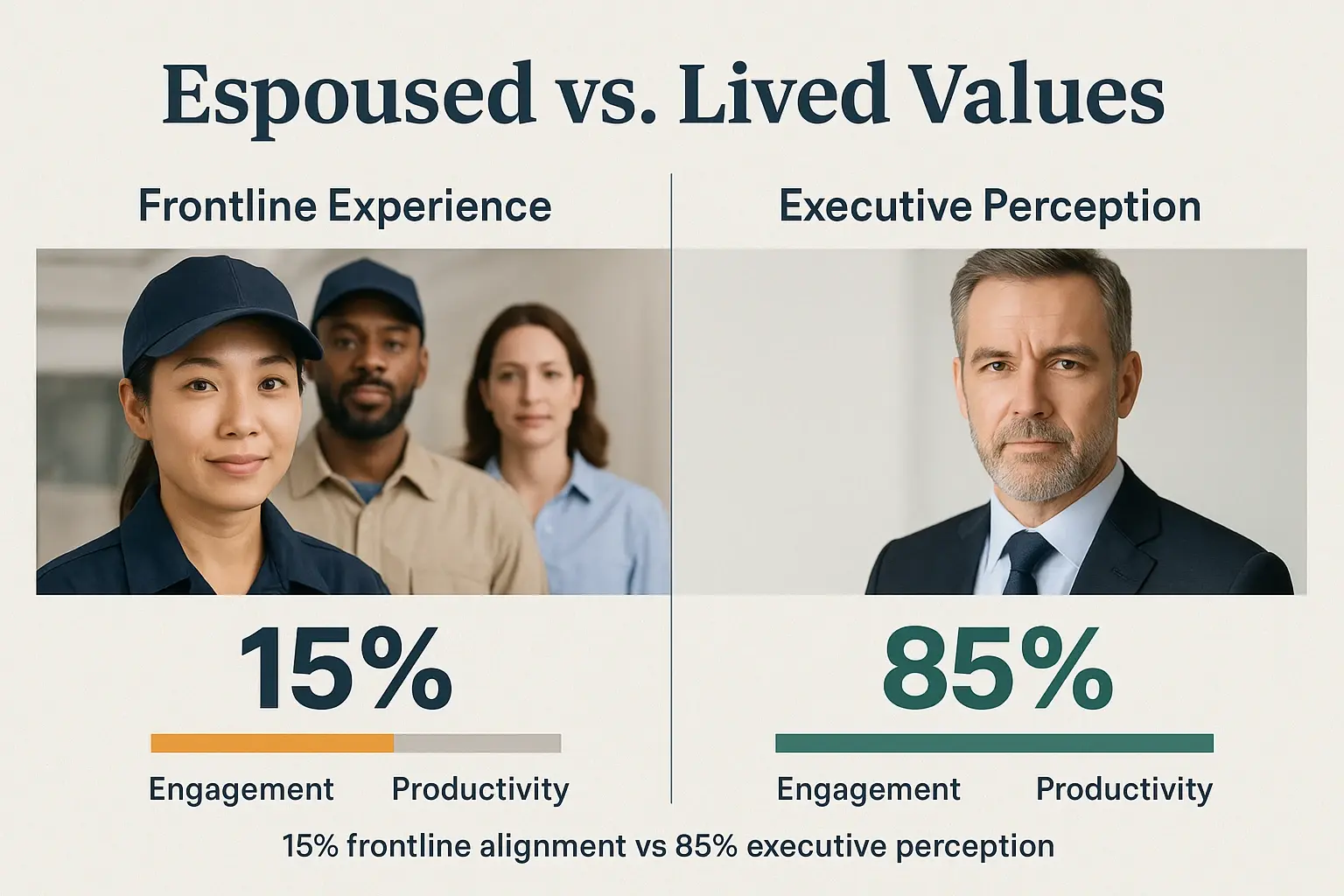 Beyond the Plaque: The Executive Blueprint for Purpose-Driven Leadership & Values Integration 2 A stark side-by-side comparison revealing the frontline purpose gap—visualizing the crisis between executive perception and employee lived experience with clear metrics.