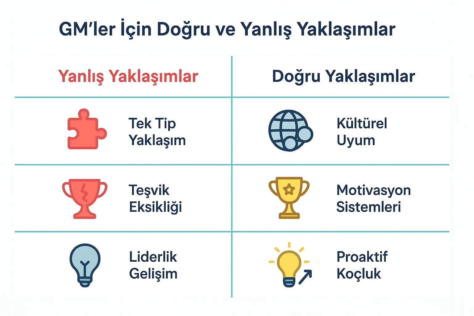 Küresel Stratejileri Yerel Yetenek Gelişimiyle Birleştirme: GM'ler İçin Bütünsel Yaklaşım 3 A comparison grid highlighting common GM mistakes versus best practices in holistic leadership and local talent growth within global strategy contexts.