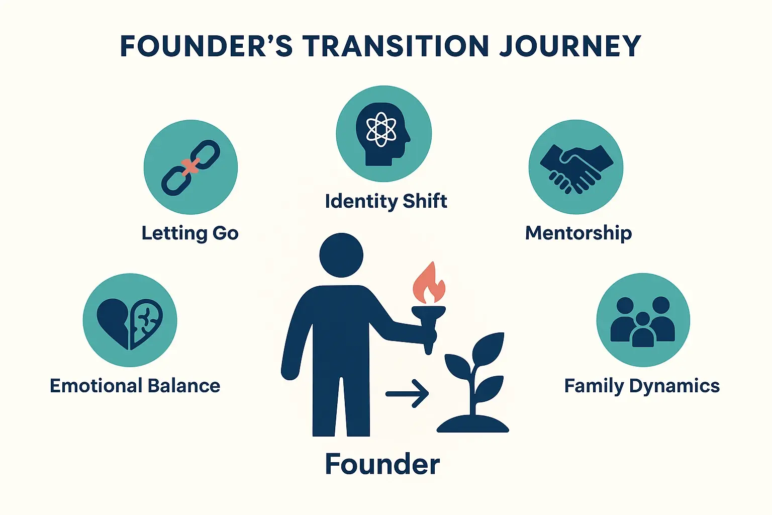 From Kitchen Table to Boardroom: Developing a Formal Succession Framework for 2nd Generation Family Business Leadership 2 This visual breaks down the founder's emotional and psychological journey in succession planning, highlighting key challenges faced during the transition process.