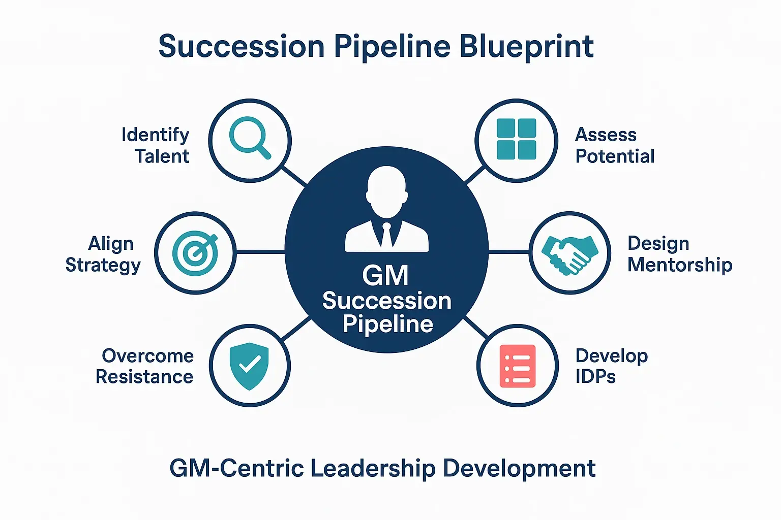 Developing a Succession Pipeline: How GMs Identify and Mentor Future Business Unit Leaders 1 This infographic presents a GM-focused succession pipeline framework highlighting six essential stages from talent identification to strategic alignment for business unit leadership.
