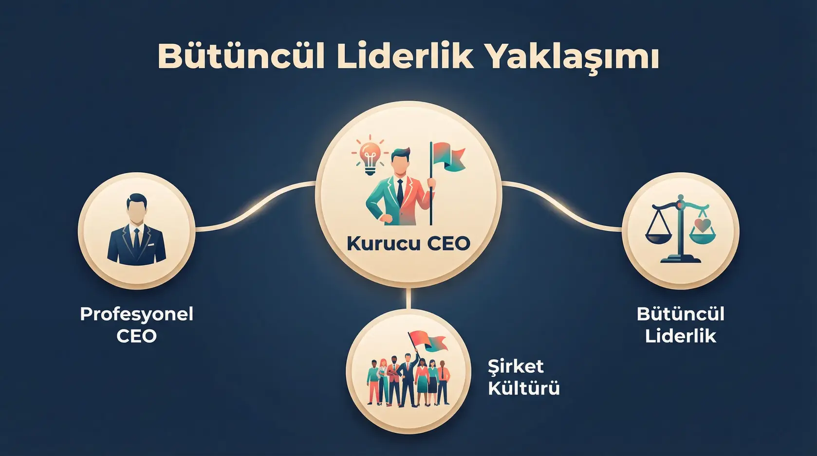 Kurucu CEO'dan Profesyonel Yönetime Geçişte Bütüncül Liderlik Yaklaşımı 2 Hazırlıktan geçiş sonrası desteğe kadar dört adımlı bütüncül liderlik geçiş sürecini gösteren, hem kuruculara hem de yeni CEO'lara rehberlik eden infografik.