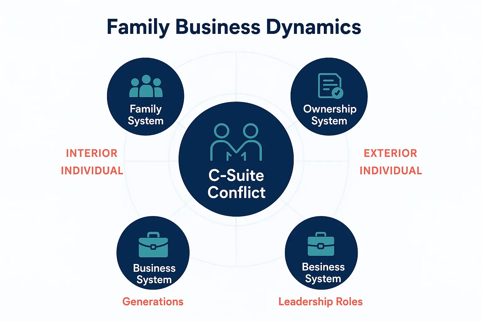 The Integral C-Suite: Resolving Intergenerational Conflict in Family Business 1 This graphic explains how family, ownership, and business systems intersect in C-suite conflicts, enhanced with integral coaching's four-quadrant framework.