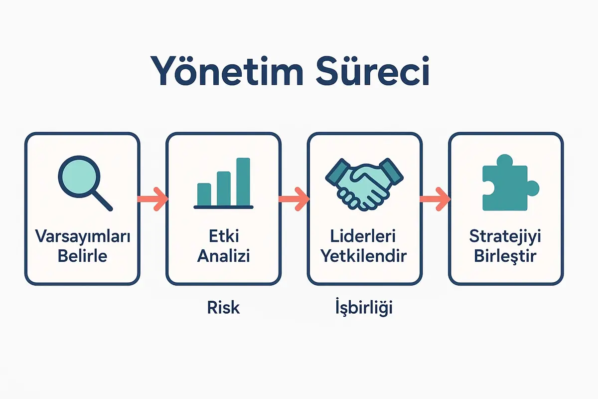 Fonksiyonel Uzmanlık Olmadan Çapraz Fonksiyonel Ekip Yönetimi 3 Depicts the sequential management process CEOs follow to identify assumptions, analyze impact, empower leaders, and synthesize strategy.