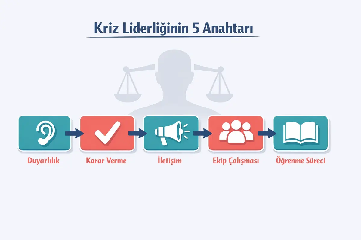 Kriz Anlarında Otantik Liderlik ve Öz-Denge Nasıl Korunur 2 This process flow details the five essential crisis leadership strategies, emphasizing how leaders maintain self-balance while guiding teams under pressure.