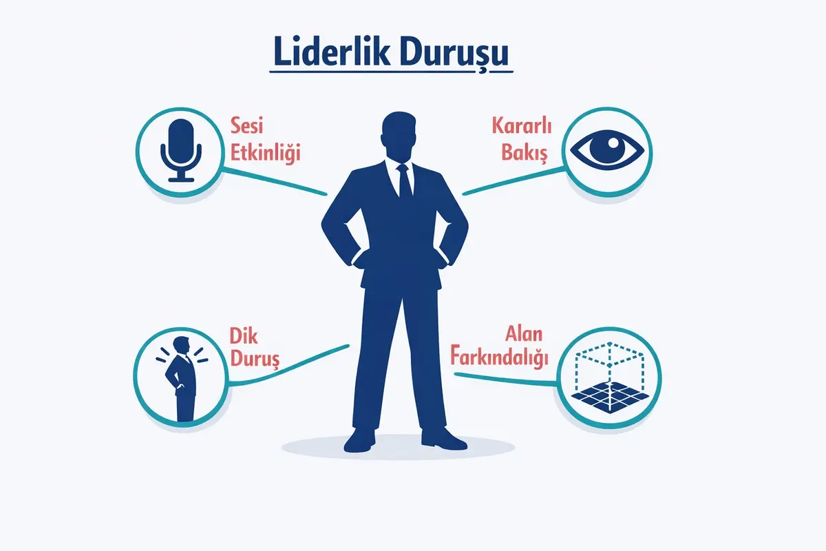 Liderlik Duruşu ve Beden Diliyle İçsel Gücü Yansıtma 1 This image breaks down key elements of leadership posture, visually linking stance, gaze, spatial awareness, and voice tone as foundational components of authentic leadership presence.