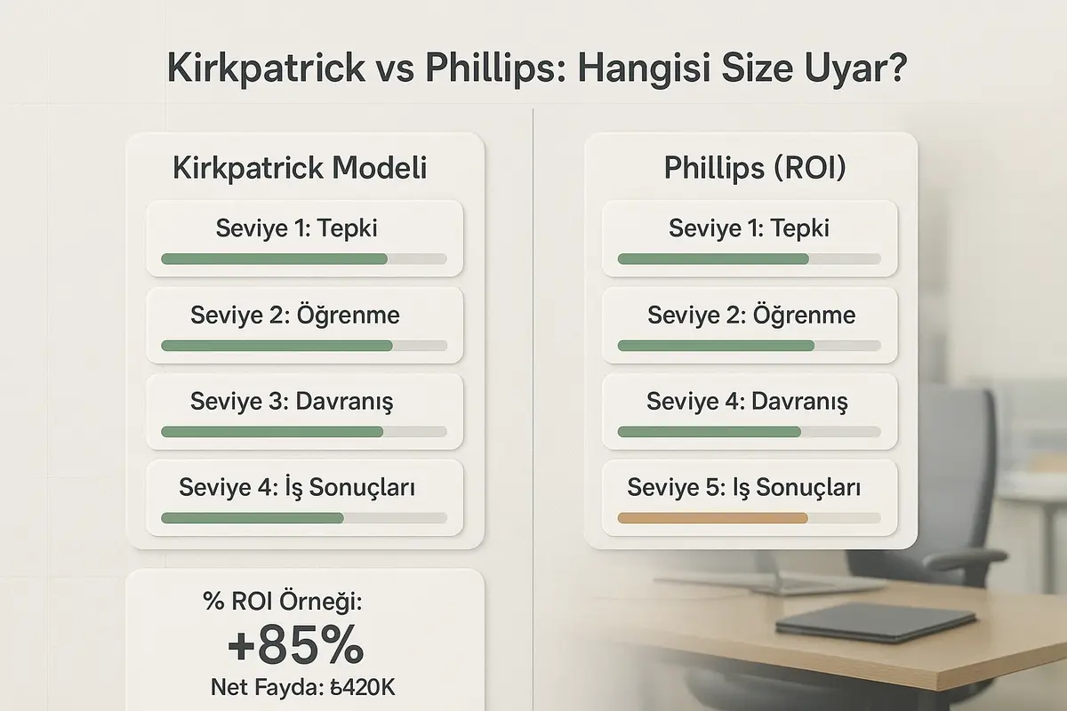 Performans Değerlendirmede ROI ve Etki Ölçümü 1 Kirkpatrick ve Phillips modellerini yan yana gösteren kıyaslama; hangi modelin hangi amaç için daha uygun olduğunu ve örnek ROI hesaplamasını hızlıca görselleştirir.