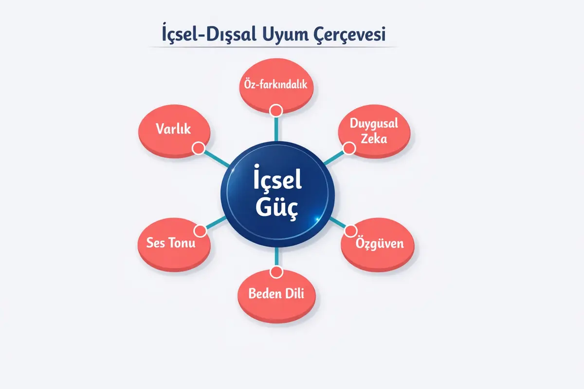 Liderlik Duruşu ve Beden Diliyle İçsel Gücü Yansıtma 3 This framework visualizes the relationship between inner strength and key external leadership elements such as body language and presence, guiding authentic expression.