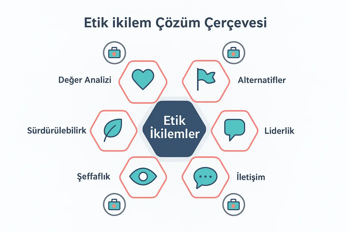CEO'lar İçin Kurumsal Etik ve Değer Odaklı Karar Alma 3 This visual maps the ethical dilemma resolution framework highlighting critical factors and CEO strategies supported by case examples.