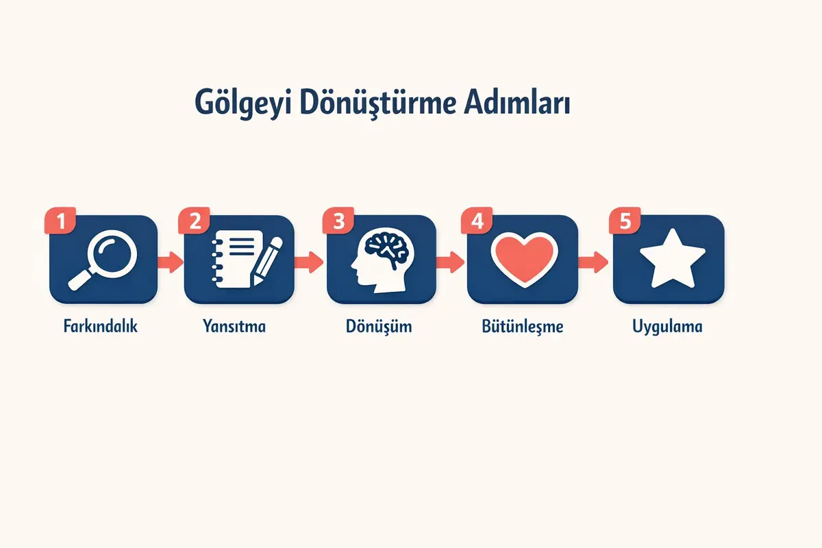 Liderlik Gölgesiyle Çalışma ve Bilinçaltı Kalıpları Dönüşümü 2 This image maps out the step-by-step process leaders can follow to identify their leadership shadow and transform subconscious patterns toward authentic leadership.