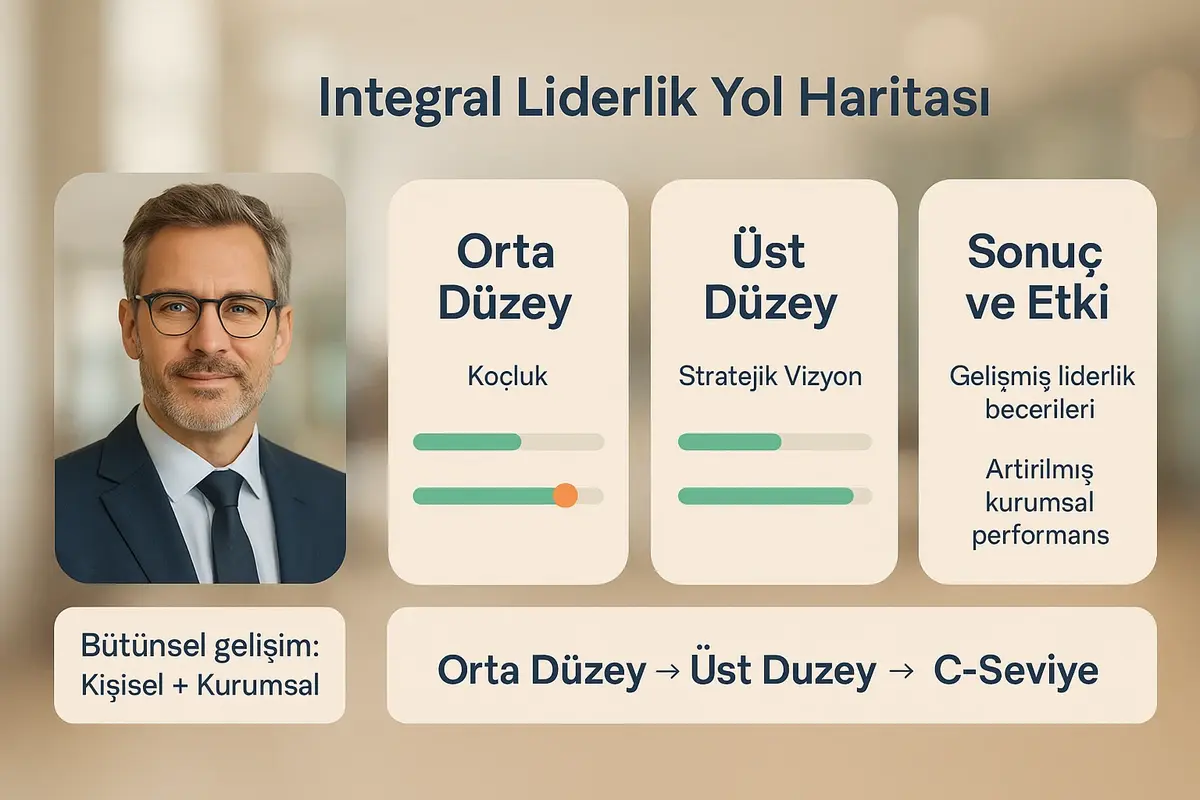 Integral Liderlik Gelişiminde Yol Haritaları ve Kariyer Evreleri 1 Kariyer evrelerini soldan sağa gösteren bütünsel bir yol haritası; her aşama için kritik yetkinlikler ve yatay ilerleme çubuklarıyla somut değerlendirme sağlar.