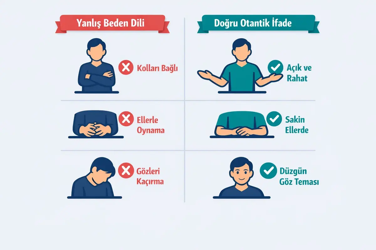 Liderlik Duruşu ve Beden Diliyle İçsel Gücü Yansıtma 2 This comparison grid highlights frequent body language errors leaders make and contrasts them with authentic, effective expressions to improve leadership presence.