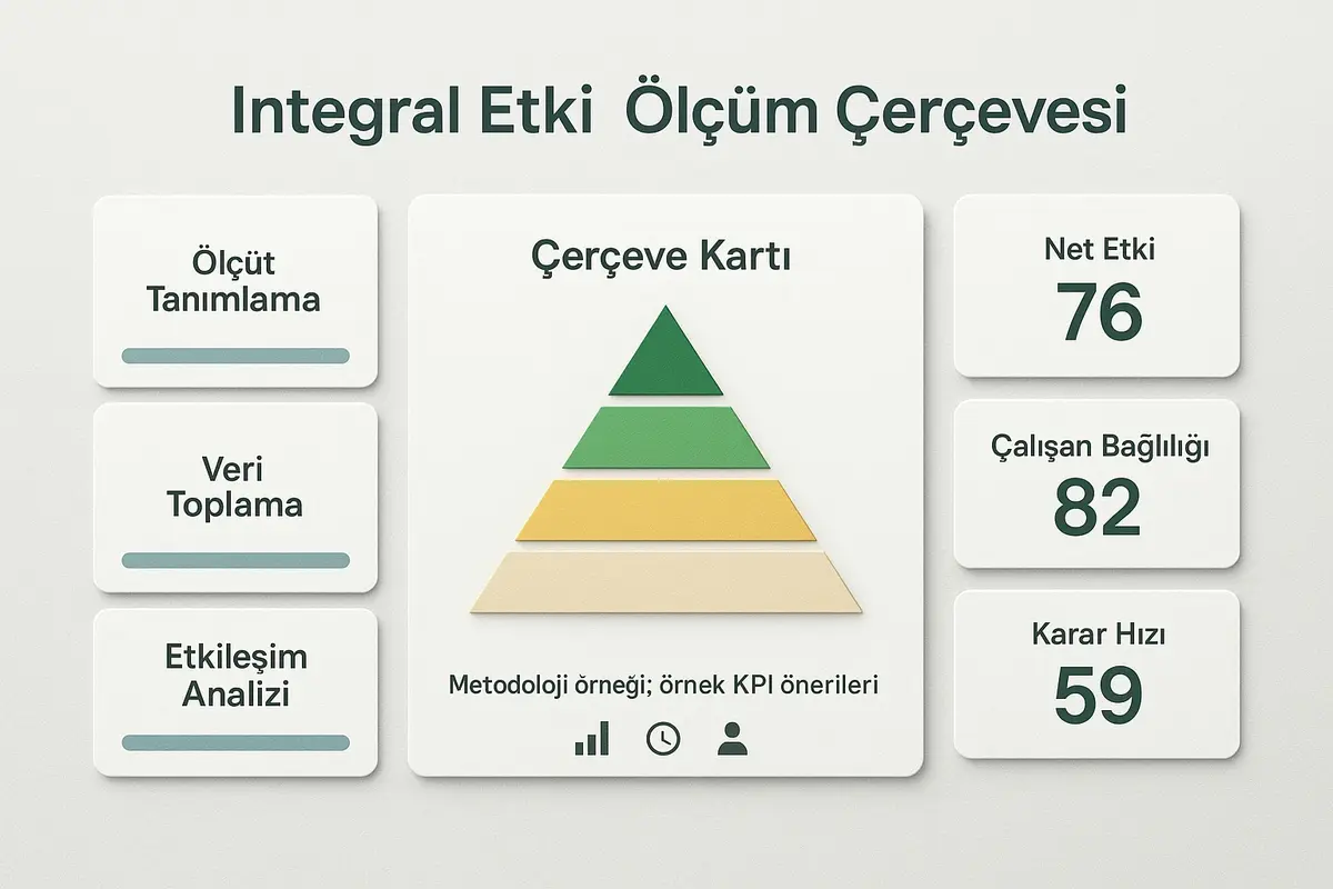 Integral Liderlik İlkelerinin Kurumsal Yapılara Entegrasyonu ve Sistemik Uygulamalar 2 Ölçümleme eksikliğini hedefleyen 'Integral Etki Ölçüm Çerçevesi' görseli; kurumların etkiyi izlemeleri için pratik adımlar ve net metrikler sunar.