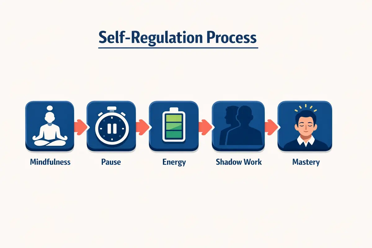 İntegral Liderlikte Öz-Regülasyon ve Empati Nedir 2 This process flow illustrates five key stages and strategies for cultivating self-regulation in Integral Leadership.