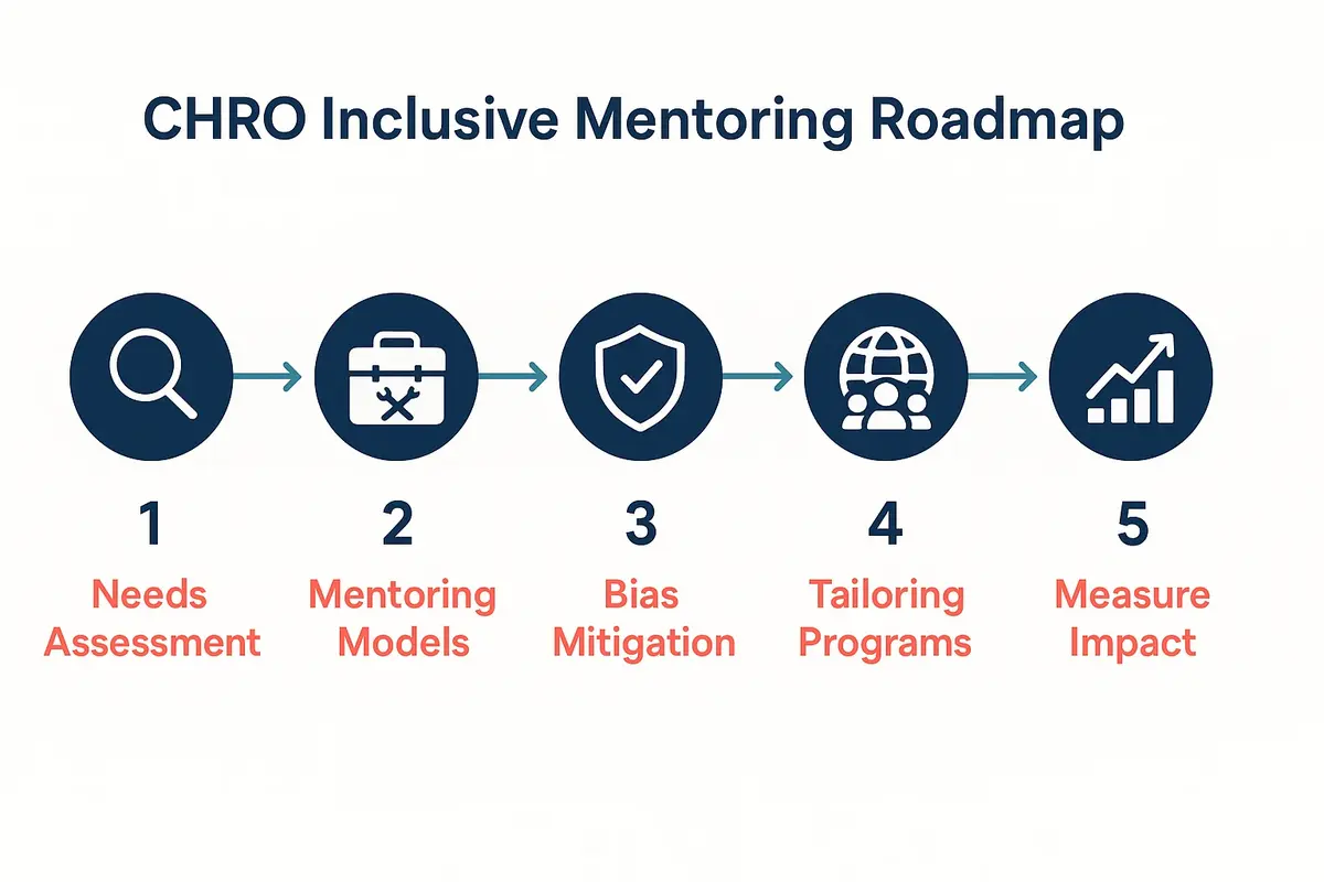 Accelerating Diverse Leadership with Inclusive Mentoring 5 This image outlines the strategic steps CHROs take to design, tailor, and measure inclusive mentoring programs to accelerate diverse leadership.