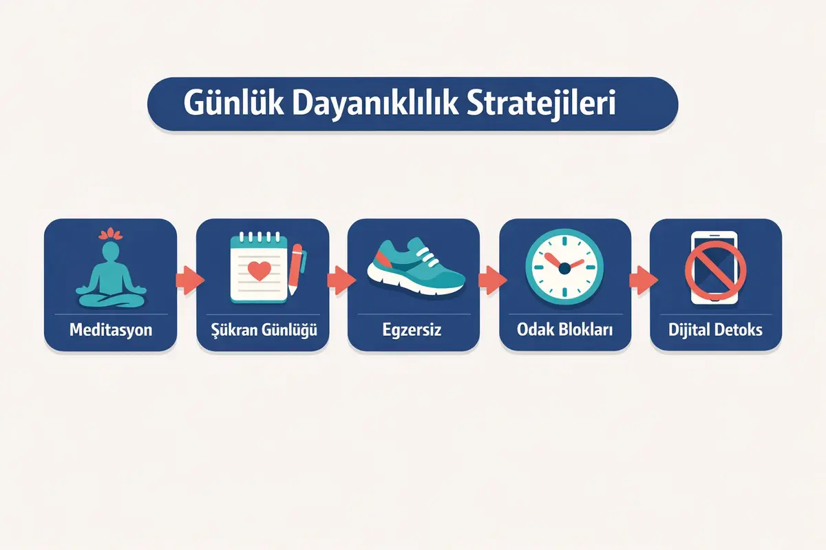 CEO'lar İçin Tükenmişlik ve Zihinsel Sağlık Koruma Yöntemleri 2 This infographic presents a clear sequence of daily routines and techniques CEOs can adopt to build mental resilience and prevent burnout.