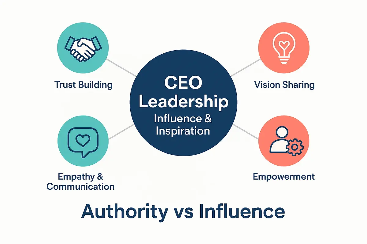 CEO Liderliğinde Etki ve İlhamla Yönetim Sanatı 1 This image clarifies the foundational distinction between traditional authority and influence-based leadership, highlighting four key principles CEOs use to inspire and lead effectively.