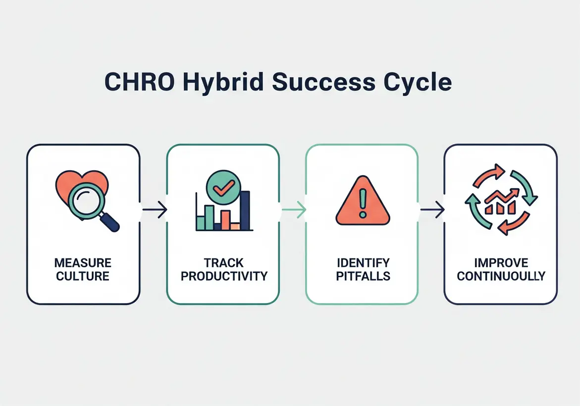 Designing Hybrid Work Models for Culture and Productivity 4 Four-step horizontal flowchart illustrating CHRO-led hybrid work success cycle: measure culture, track productivity, identify pitfalls, improve continuously.