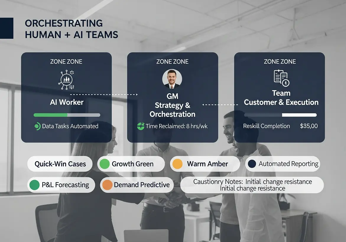 Leadership Development for General Managers 6 Infographic showing the spectrum from fully human, through hybrid, to fully AI-driven operational teams in business units