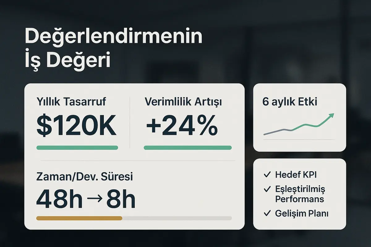 Kurum Kültürüne Entegre Değerlendirme Programı Tasarımı 3 Somut KPI örnekleriyle yatırım gerekçesi sunar: tasarruf, verimlilik ve zaman kazancı göstergeleri karar vericilerin iş değeri tartısını basitleştirir.