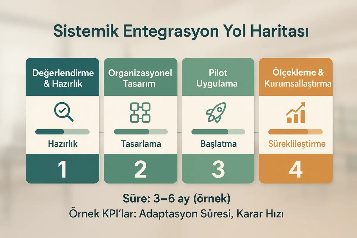 Integral Liderlik İlkelerinin Kurumsal Yapılara Entegrasyonu ve Sistemik Uygulamalar 3 Adım adım uygulama yol haritası: değerlendirmeden ölçeklemeye kadar dört fazlı sistemik entegrasyon rehberi; ekiplere uygulama netliği sağlar.