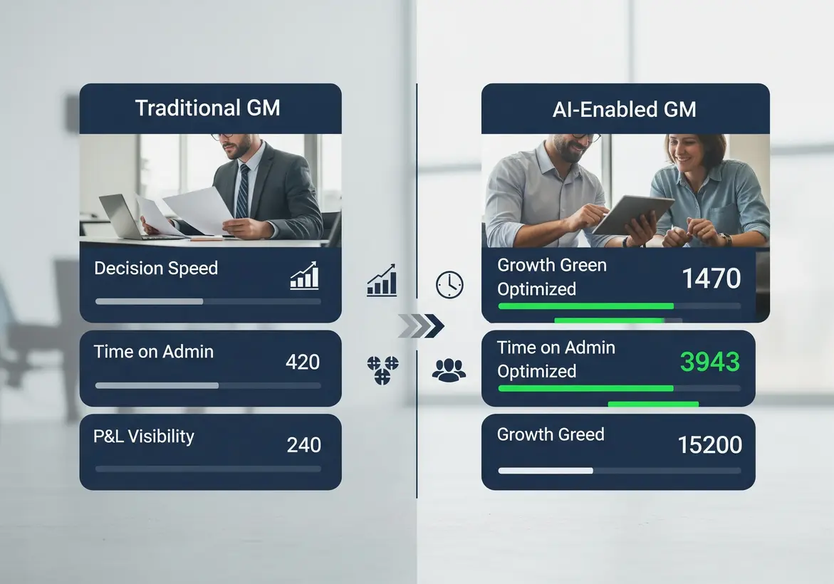 Leadership Development for General Managers 4 Illustration of a modern General Manager using AI-powered analytics dashboards for real-time decision making