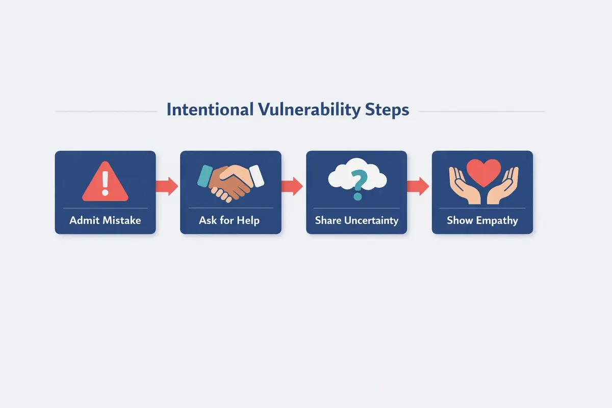 Kırılganlığı Kucaklamak Liderlikte Güven Kurmanın Yolu 2 Visual guide illustrating four actionable steps leaders can take to intentionally show vulnerability and build authentic connections with their teams.