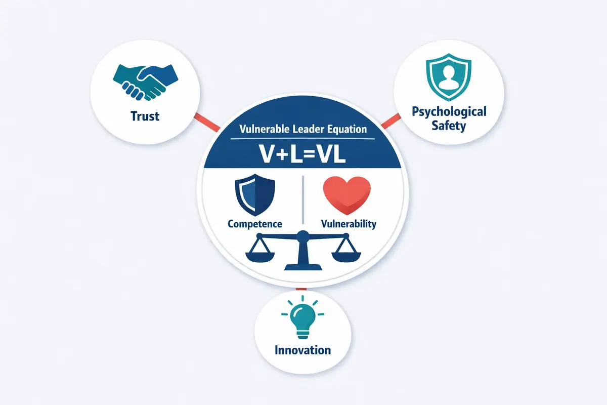 Kırılganlığı Kucaklamak Liderlikte Güven Kurmanın Yolu 1 This image explains the core Vulnerable Leader Equation framework, illustrating how balancing competence and vulnerability fosters trust, psychological safety, and innovation in leadership.