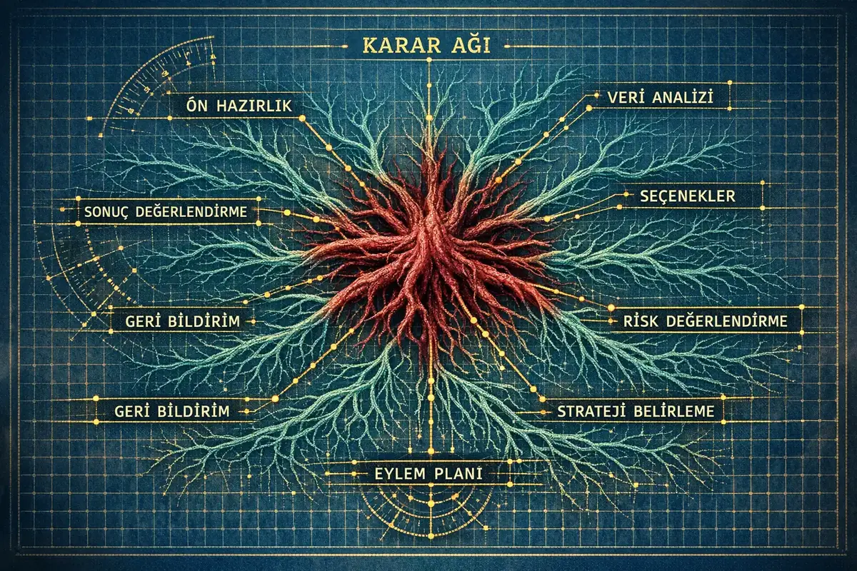 GM'in Bütünsel Liderlik Çerçevesi ile Küresel ve Yerel Pazar Dengesi 5 karar süreçlerini gösteren dinamik karar ağı infografiği
