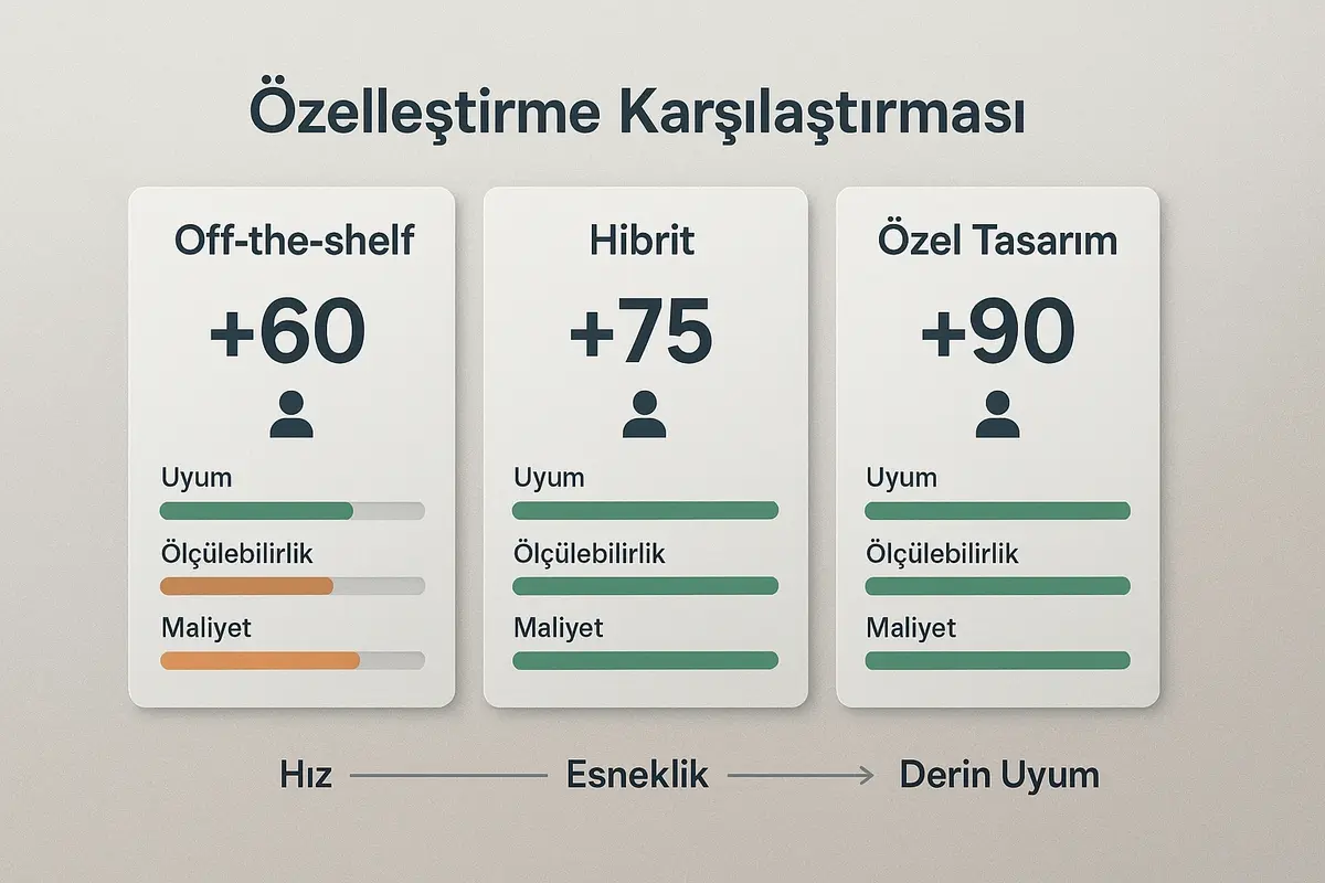 Kurum Kültürüne Entegre Değerlendirme Programı Tasarımı 1 Off-the-shelf, hibrit ve özel tasarım arasındaki temel uyum, ölçülebilirlik ve maliyet farklarını hızlıca görselleştirir; karar vericilerin tercihlerini netleştirir.