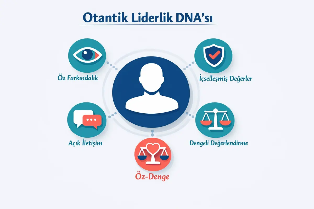 Kriz Anlarında Otantik Liderlik ve Öz-Denge Nasıl Korunur 1 This diagram visualizes authentic leadership's four core components alongside the vital concept of self-balance (öz-denge), clarifying foundational principles for effective crisis leadership.