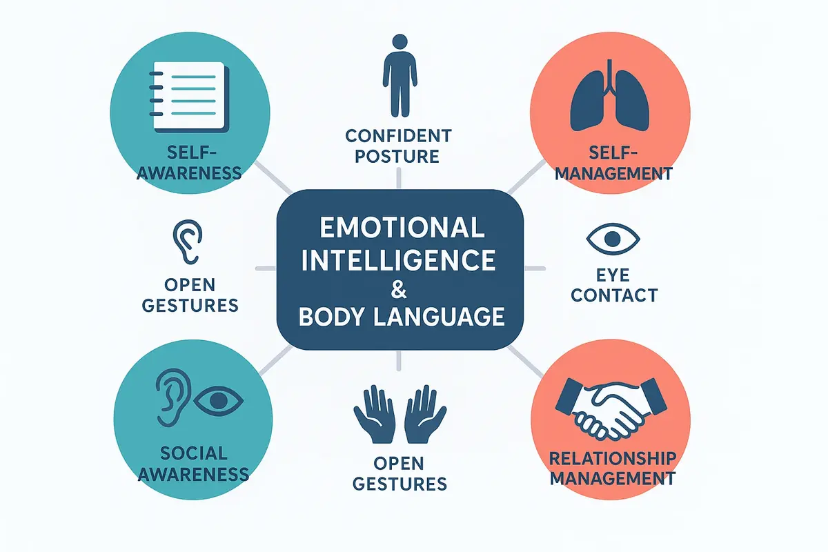 Yüksek Riskte CEO Liderliği İçin Sakinlik Netlik Güven 2 This framework map integrates emotional intelligence dimensions with essential body language skills to enhance CEO leadership presence during high-pressure moments.
