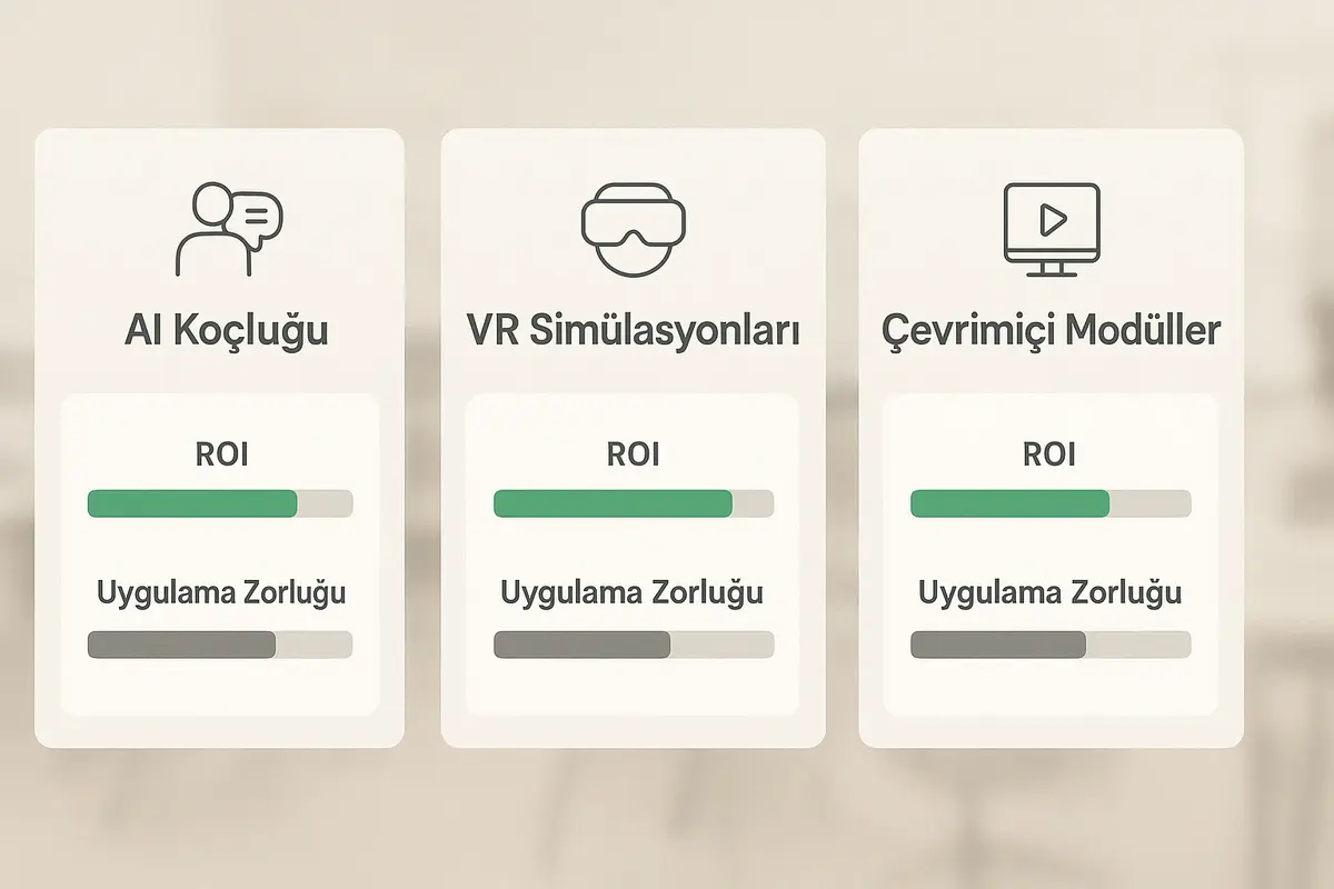 Dijital Çağda Integral Liderlik Gelişimi ve Teknoloji Destekli Araçlar 1 AI koçluğu, VR simülasyonları ve çevrimiçi modüllerin ROI, ölçeklenebilirlik ve uygulama zorluğu açısından hızlıca karşılaştırılması — karar vericiler için net bir değerlendirme aracı.