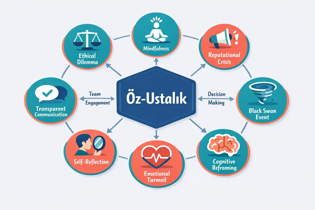 Kriz Anlarında Otantik Liderlik ve Öz-Denge Nasıl Korunur 3 This framework map showcases how leaders apply authentic self-mastery across diverse extreme crisis scenarios, balancing internal regulation with external leadership actions.