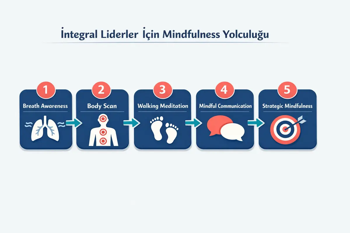 İntegral Liderler İçin Öz-Farkındalık ve Mindfulness Rehberi 2 This flowchart outlines a progressive mindfulness practice pathway designed specifically for integral leaders, guiding them through foundational to advanced meditative steps.