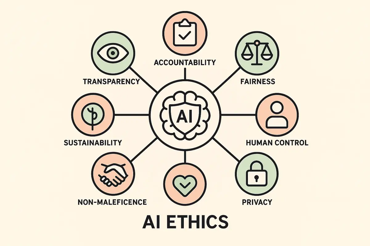 Yapay Zekada Etik İlkelerin Temel Kavramları 1 This visual presents core AI ethical principles with icons representing transparency, fairness, and accountability, facilitating foundational understanding.