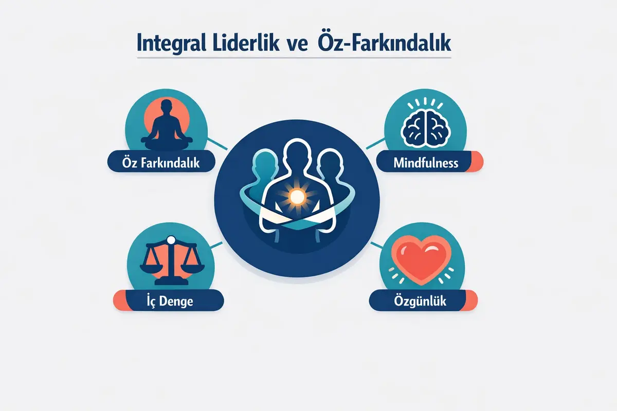 İntegral Liderler İçin Öz-Farkındalık ve Mindfulness Rehberi 1 This diagram visualizes the core elements defining Integral Leadership and its foundational mindfulness and self-awareness practices, setting the conceptual stage for readers.