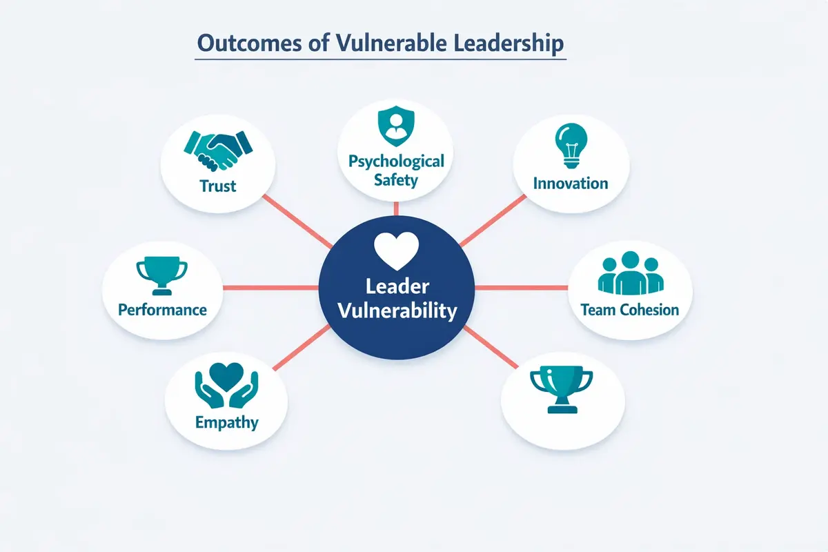 Kırılganlığı Kucaklamak Liderlikte Güven Kurmanın Yolu 3 Diagram illustrating how leader vulnerability centrally fosters multiple positive outcomes like trust and innovation within teams and organizations.