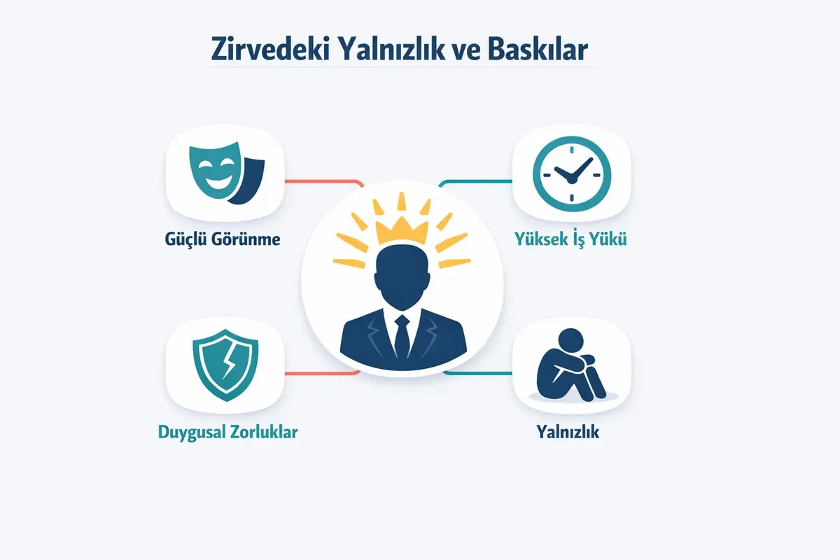 CEO'lar İçin Tükenmişlik ve Zihinsel Sağlık Koruma Yöntemleri 1 This image illustrates the unique pressures CEOs face, such as loneliness and the need to appear strong, which contribute to burnout risk.