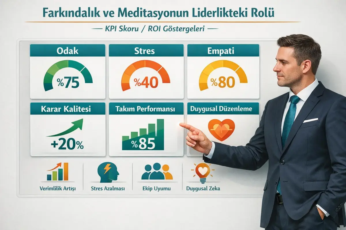 Farkındalık ve Meditasyonun Liderlikteki Rolü 1 KPI scorecard highlighting mindfulness impact on leadership efficiency.
