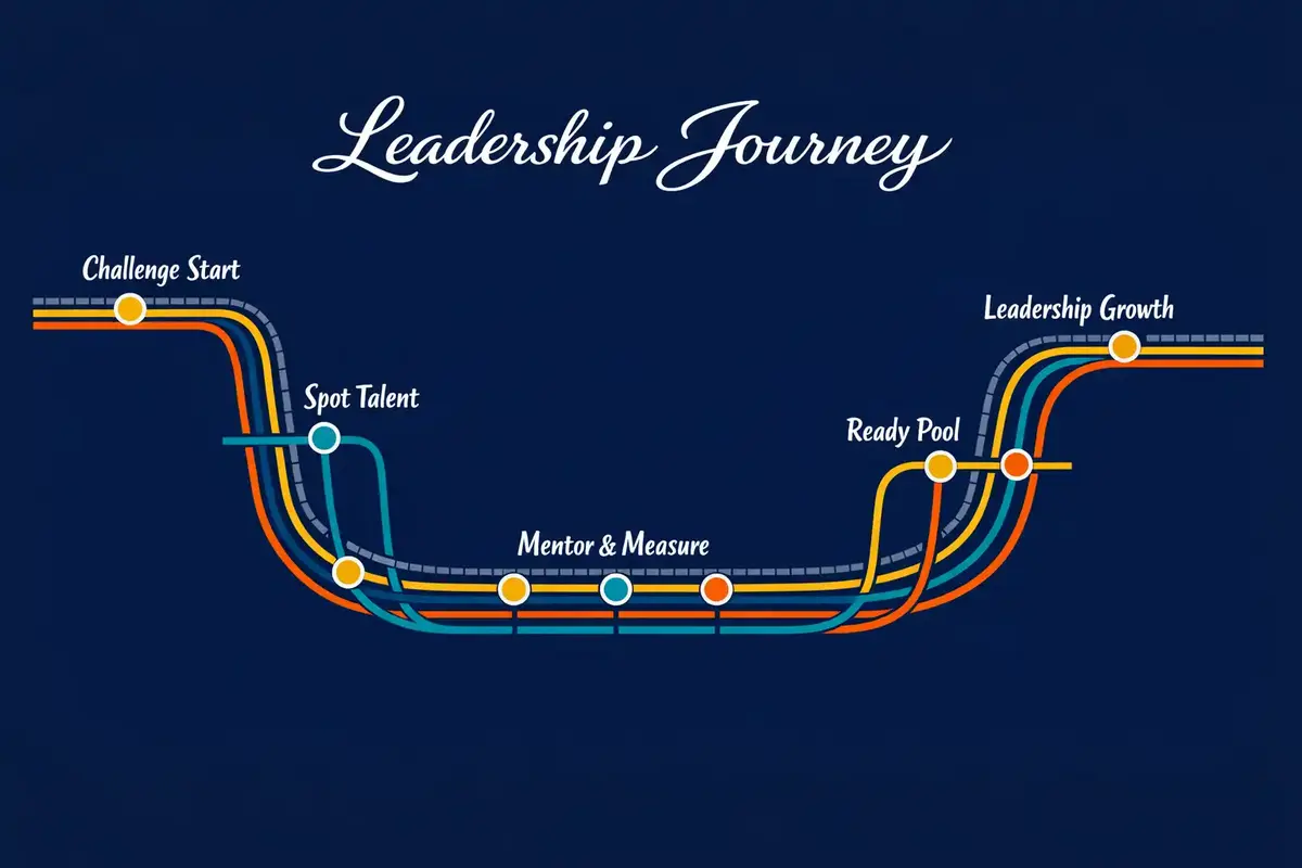 Developing a Succession Pipeline for Future Leaders 5 Mentorship program visual: GMs working with diverse high-potentials through structured peer and upward mentoring cycles