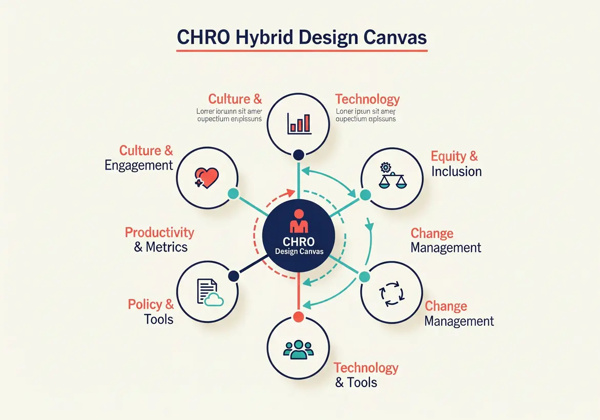 Designing Hybrid Work Models for Culture and Productivity 3 Hub and spoke diagram showing CHRO Hybrid Design Canvas with six key areas including culture, productivity, technology, policy, change management, and equity.