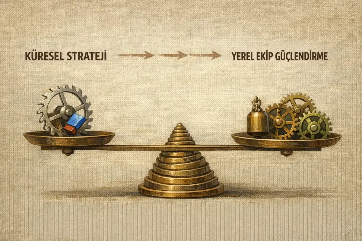 Küresel Stratejiler ve Yerel Yetenek Gelişimi Nasıl Birleşir 5 GM'in kültürel tercümanlığıyla yerel ekip ve küresel strateji arasında kurulan köprü görselleştirmesi