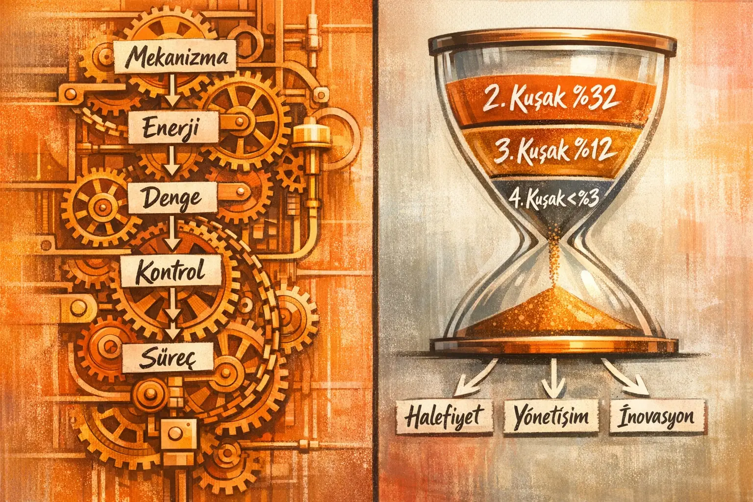 Aile Şirketi C-Suite (2. ve 3. Nesil) için Bütüncül Liderlik: Sürdürülebilirliğin Anahtarı 2 Nesiller arası çatışma ve aile dışı yönetici entegrasyonunda dengeleri gösteren bir görselleştirme