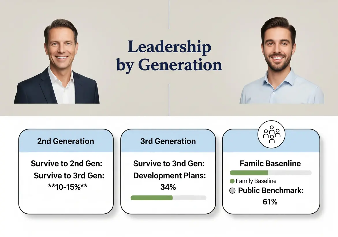 Leadership Development for Family Business C-Suite 2nd & 3rd Generation 4 A roundtable of diverse C-suite family business executives across generations, engaging in serious discussion with both family portraits and digital strategy diagrams visible in the background