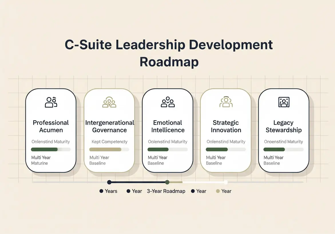 Leadership Development for Family Business C-Suite 2nd & 3rd Generation 5 A leadership development workshop in progress, with family business members engaging in coaching exercises and governance planning—posters on the wall show "Legacy" and "Innovation" intersecting