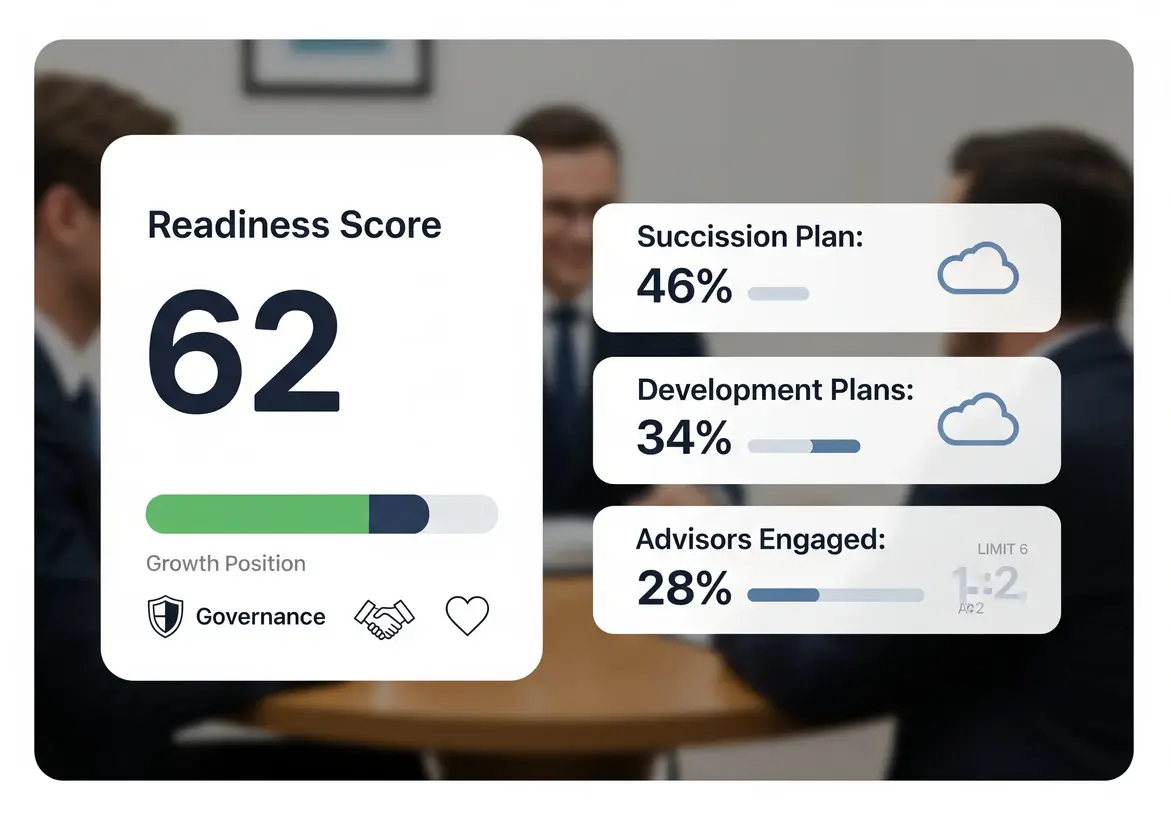 Leadership Development for Family Business C-Suite 2nd & 3rd Generation 6 A confident next-generation leader stands in front of a glass wall featuring handwritten legacy words and innovation diagrams, with family members collaborating in the background
