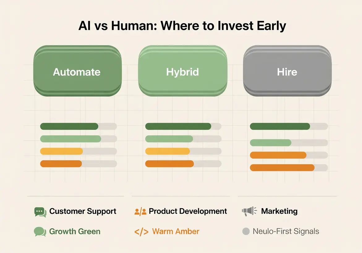 Leadership Development for First-Time Founder CEOs 6 Two founders evaluating 'Human vs. AI' hiring strategy on a whiteboard