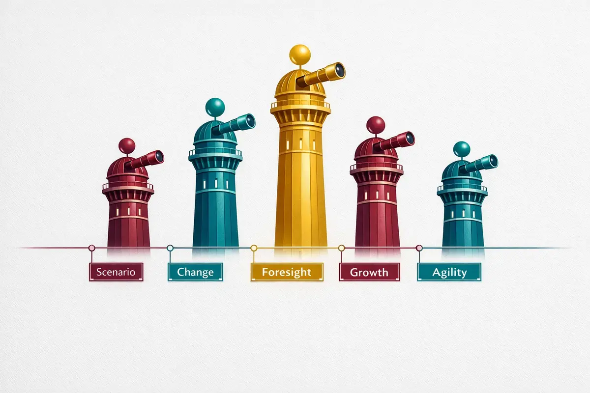 Strategic Thinking & Leading Through Organizational Complexity 4 frameworks scenario grid lineart