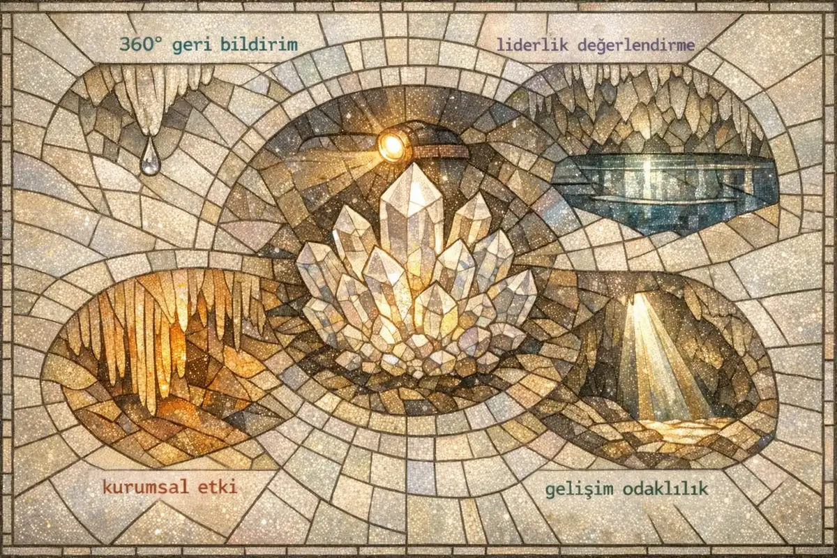 360 derece geri bildirim ve liderlik değerlendirme nedir 4 Yönetsel liderlik kavramlarını gösteren soyut bir illüstrasyon